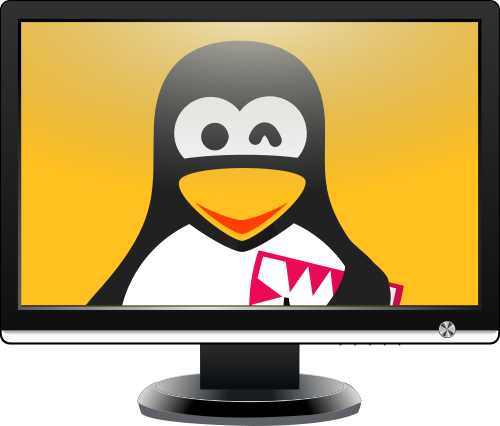 Tux schaut aus dem Monitor